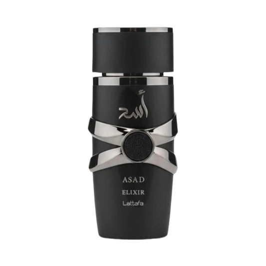 Asad Elixir de Lattafa, fragancia ambarada especiada con azafrán, tabaco y ámbar seco. Profunda.