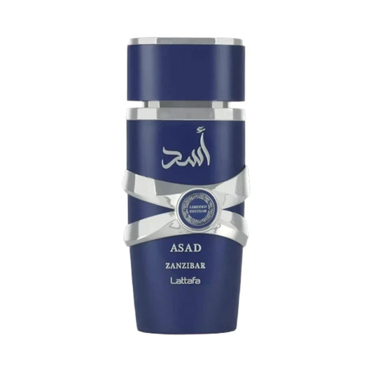 Asad Zanzibar Limited Edition de Lattafa Perfumes, fragancia ambarada especiada con salida marina y aromática, corazón limpio y fondo amaderado cálido. Elegante y masculina.