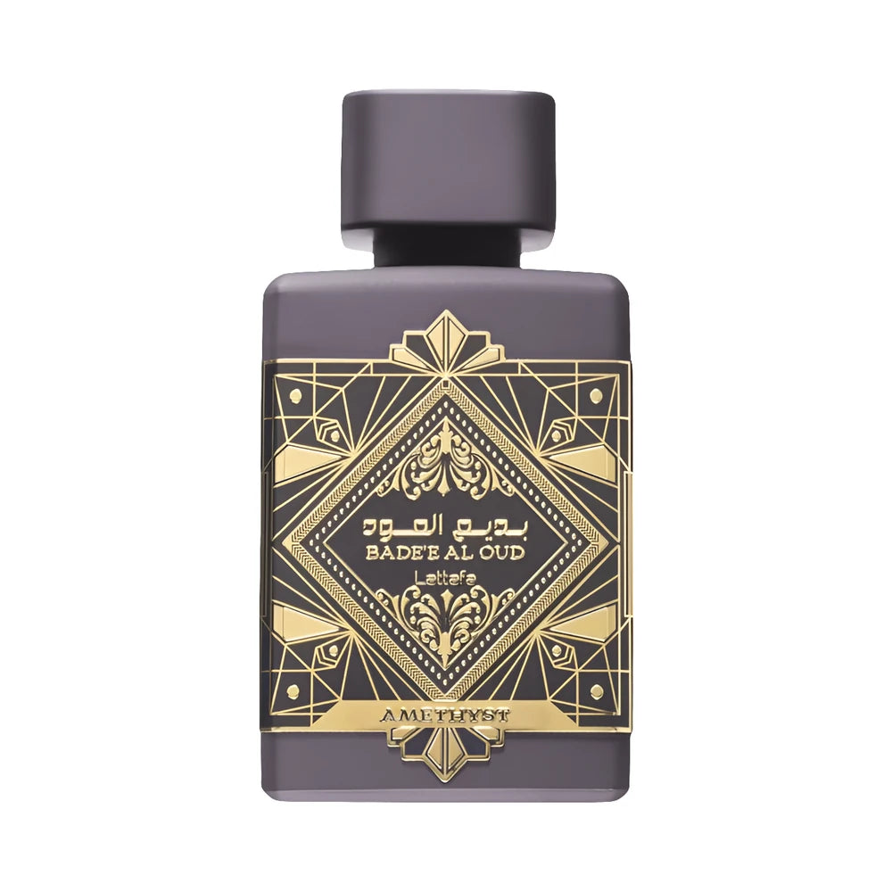 Bade'e Al Oud Amethyst de Lattafa, perfume árabe ambarado vainilla de carácter intenso, elegante y sofisticado