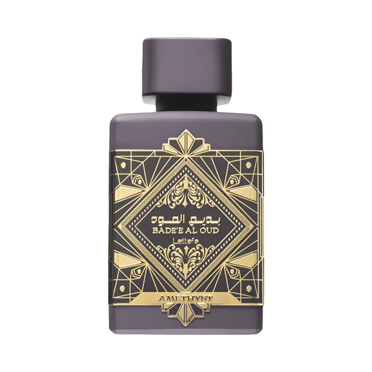 Bade'e Al Oud Amethyst de Lattafa, perfume árabe ambarado vainilla de carácter intenso, elegante y sofisticado
