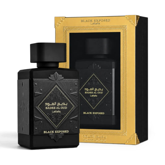 Bade'e Al Oud Black Exposed de Lattafa: frasco y caja del perfume de 100 ml.