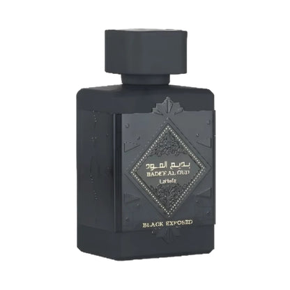 Bade'e Al Oud Black Exposed de Lattafa, fragancia oriental con toffee, olíbano, cacao y vainilla