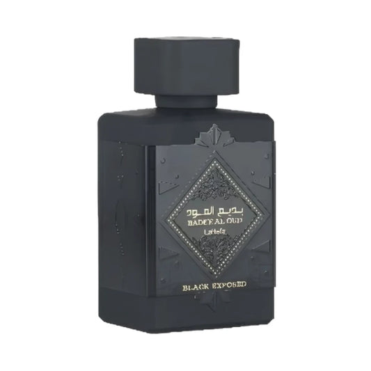 Bade'e Al Oud Black Exposed de Lattafa, fragancia oriental con toffee, olíbano, cacao y vainilla
