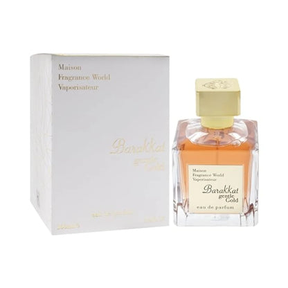 Barakkat Gentle Gold de Fragrance World: frasco y caja del perfume de 100 ml.
