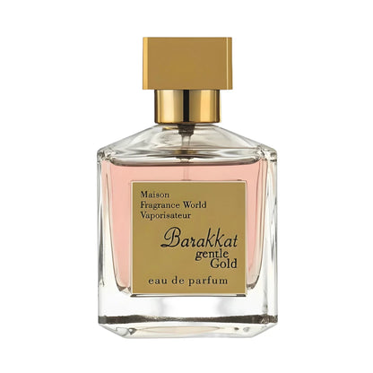 Barakkat Gentle Gold de Fragrance World, fragancia oriental con enebro, nuez moscada, vainilla y almizcle