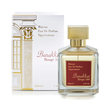 Barakkat Rouge 540 de Fragrance World, fragancia ambarada floral con azafrán, jazmín y cedro. Elegante.