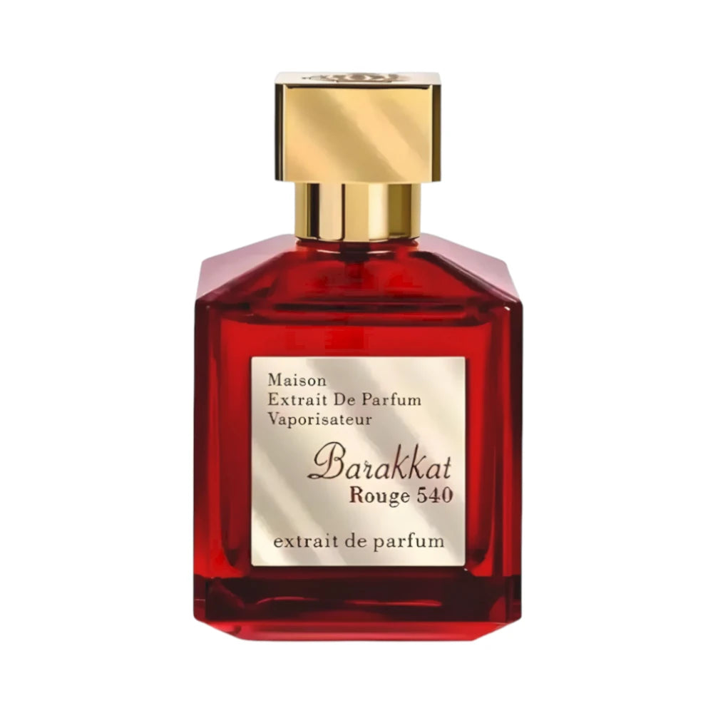 Barakkat Rouge 540 de Fragrance World, fragancia ambarada floral con azafrán, jazmín y cedro. Elegante.