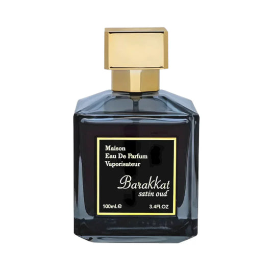 Barakkat Satin Oud de Fragrance World, fragancia ambarada floral con violeta, rosas, oud, vainilla, ámbar y benjuí. Elegante y envolvente.