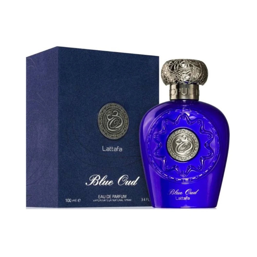 Blue Oud de Lattafa: frasco y caja del perfume de 100 ml.