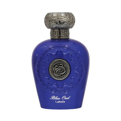 Blue Oud de Lattafa, fragancia oriental amaderada con oud, pimienta negra, azafrán y sándalo