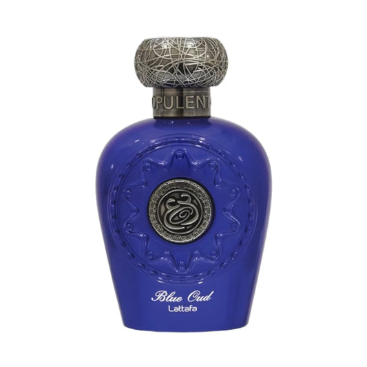 Blue Oud de Lattafa, fragancia oriental amaderada con oud, pimienta negra, azafrán y sándalo