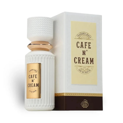 Cafe N' Cream de Fragrance World: frasco y caja del perfume de 100 ml.
