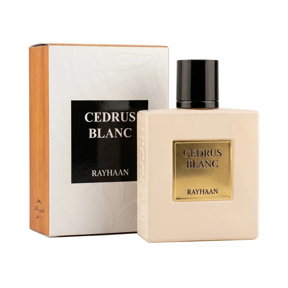 Cedrus Blanc de Rayhaan, fragancia almizclada floral amaderada con bergamota, naranja y cedro.