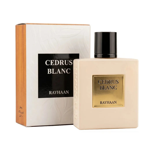 Cedrus Blanc de Rayhaan, fragancia almizclada floral amaderada con bergamota, naranja y cedro.