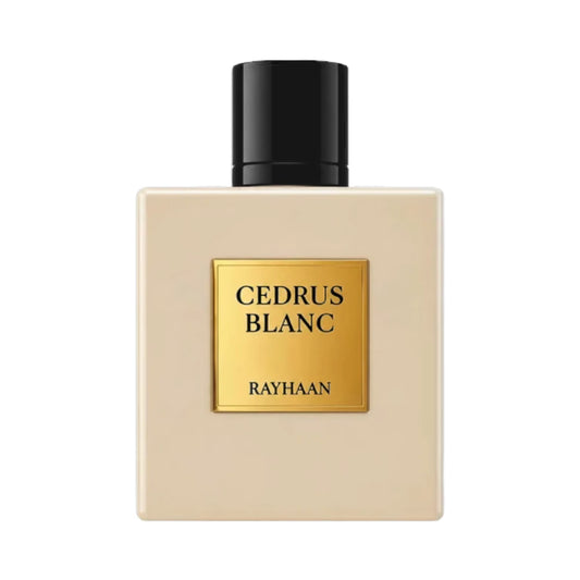 Cedrus Blanc de Rayhaan, fragancia almizclada floral amaderada con bergamota, naranja y cedro.