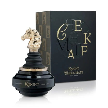 Checkmate Black Knight de Armaf: frasco y caja del perfume de 100 ml.