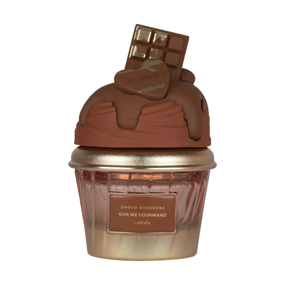 Choco Overdose de Lattafa Perfumes, fragancia ámbar gourmand con fudge de chocolate, cacao, pastelito, vainilla, benjuí y caramelo. Densa, golosa y adictiva.