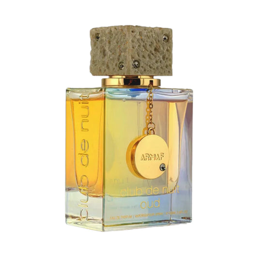 Club de Nuit Oud de Armaf, perfume frutal amaderado unisex con melocotón, maracuyá, madera de cachemira, oud y vainilla
