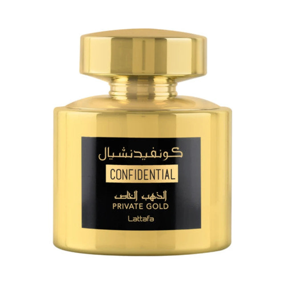 Confidential Gold de Lattafa, perfume árabe chipre frutal de carácter elegante, sofisticado y cálido