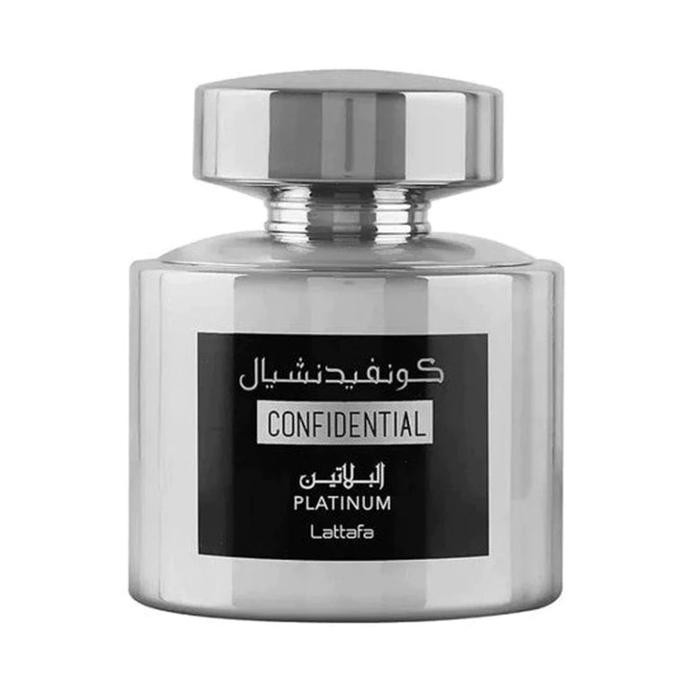 Confidential Platinum de Lattafa, perfume árabe amaderado aromático de carácter elegante, fresco y limpio