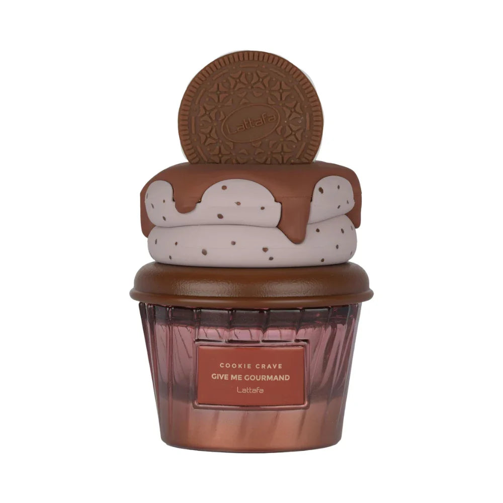 Cookie Crave de Lattafa Perfumes, fragancia ambarado gourmand con mantequilla, cacao, galleta, leche, azúcar, vainilla, crema batida y sándalo. Golosa y reconfortante.