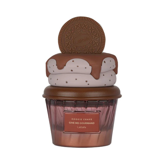 Cookie Crave de Lattafa Perfumes, fragancia ambarado gourmand con mantequilla, cacao, galleta, leche, azúcar, vainilla, crema batida y sándalo. Golosa y reconfortante.