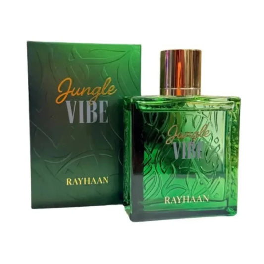 Jungle Vibe de Rayhaan, fragancia aromática verde con higo, notas acuáticas y sándalo. Fresca y natural.