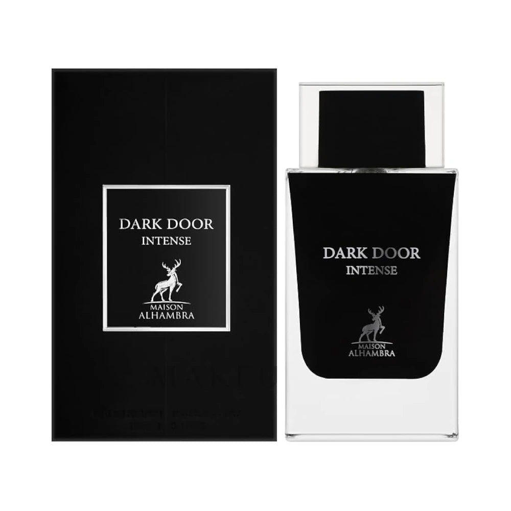 Dark Door Intense de Maison Alhambra: frasco y caja del perfume de 100 ml.