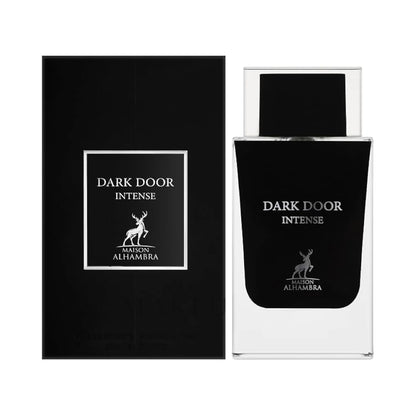 Dark Door Intense de Maison Alhambra: frasco y caja del perfume de 100 ml.