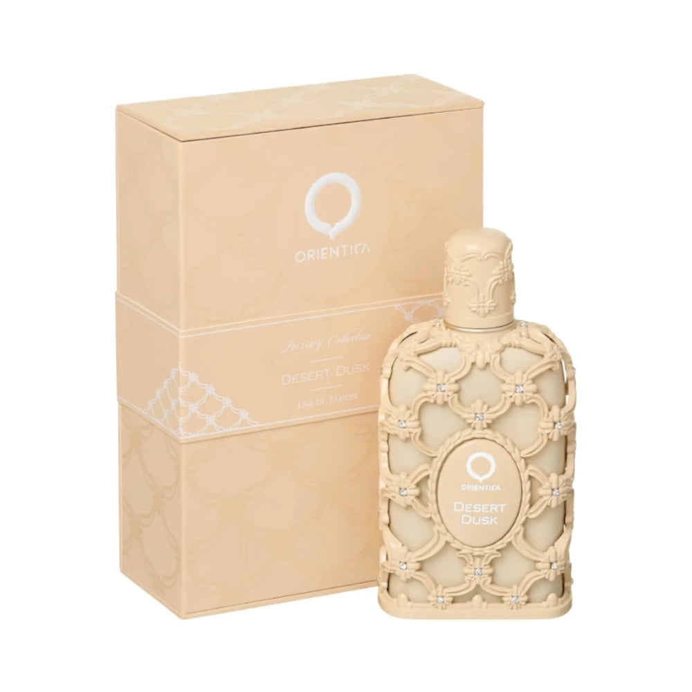 Desert Dusk de Orientica: frasco y caja del perfume de 80 ml.