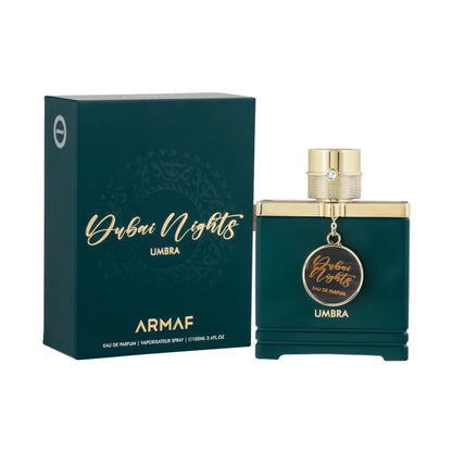 Dubai Nights Umbra de Armaf: frasco y caja del perfume de 100 ml.