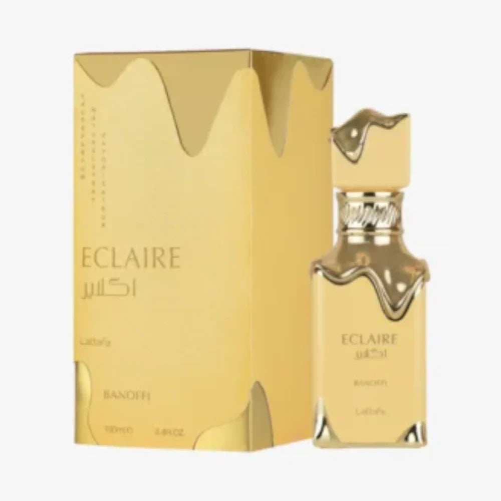 Eclaire Banoffi de Lattafa, fragancia gourmand dulce con plátano, dulce de leche y praliné. Cremosa y adictiva.