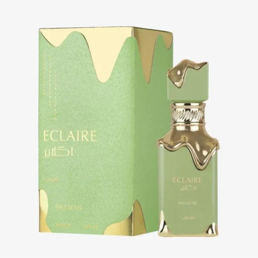 Eclaire Pistache de Lattafa, fragancia gourmand cremosa con pistacho, cacao, coco y vainilla. Dulce y tentadora.
