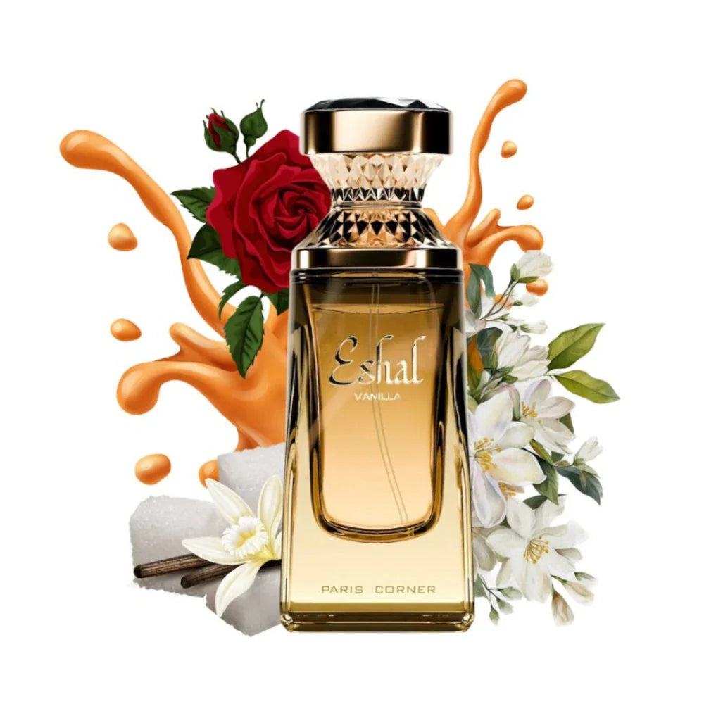 Eshal Vanilla de Paris Corner, fragancia floral gourmand con acordes dulces, rosa y vainilla. Femenina y delicada.