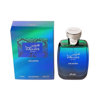 Hawas Atlantis For Him de Rasasi, fragancia aromática acuática con bergamota, jengibre y cedro.