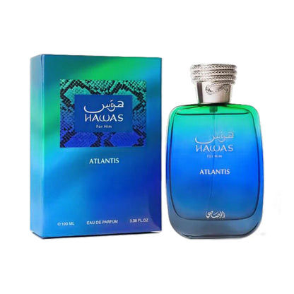 Hawas Atlantis For Him de Rasasi, fragancia aromática acuática con bergamota, jengibre y cedro.