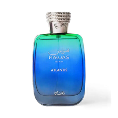Hawas Atlantis For Him de Rasasi, fragancia aromática acuática con bergamota, jengibre y cedro.