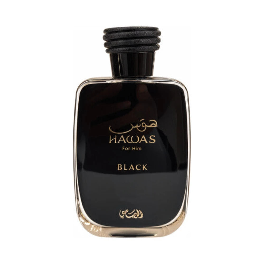 Hawas Black de Rasasi, perfume árabe floral frutal de carácter elegante, cálido y amaderado