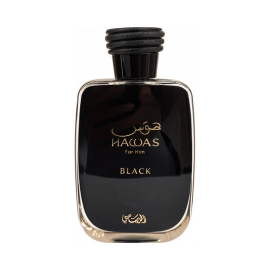 Hawas Black de Rasasi, perfume árabe floral frutal de carácter elegante, cálido y amaderado