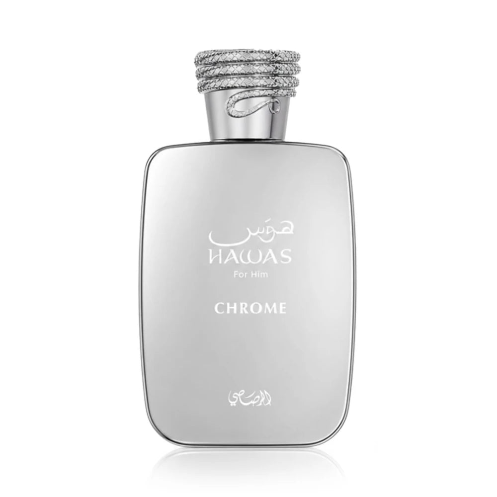 Hawas Chrome For Him de Rasasi, fragancia afrutada ambarada con naranja, mango y vainilla. Jugosa