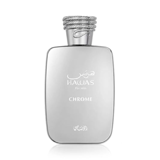 Hawas Chrome For Him de Rasasi, fragancia afrutada ambarada con naranja, mango y vainilla. Jugosa