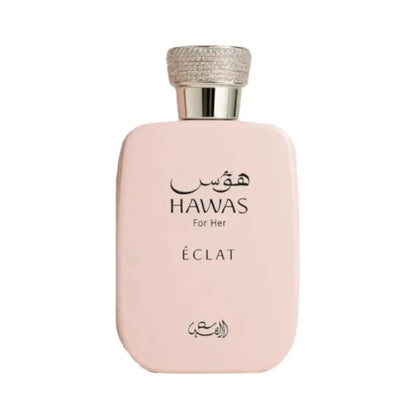 Perfume Hawas Eclat de Rasasi, frasco de 100 ml, fragancia floral ámbar con lichi, rosa, incienso y vainilla.