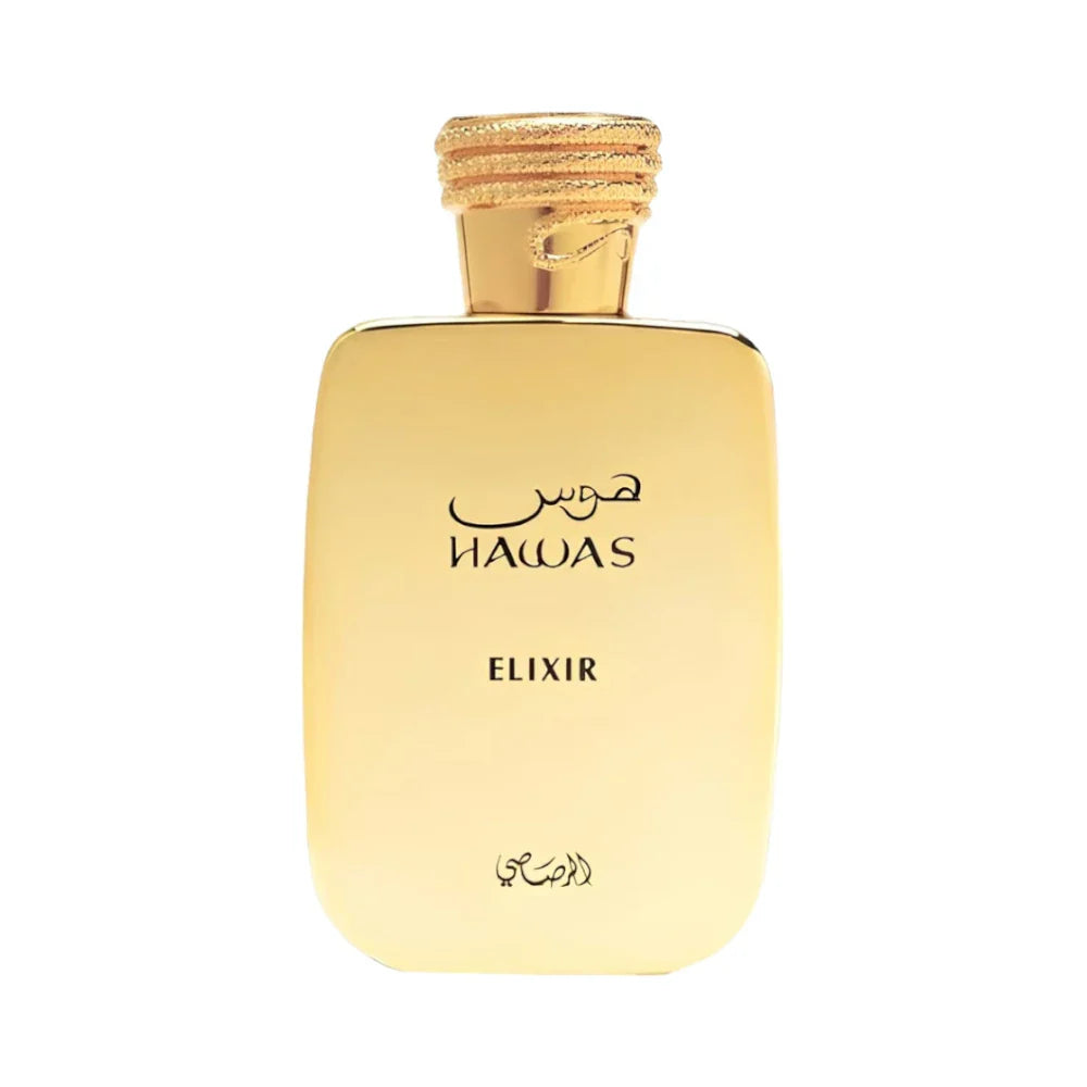 Perfume Hawas Elixir de Rasasi, frasco de 100 ml, fragancia ámbarado especiado con menta, chocolate oscuro, benjuí y vainilla.