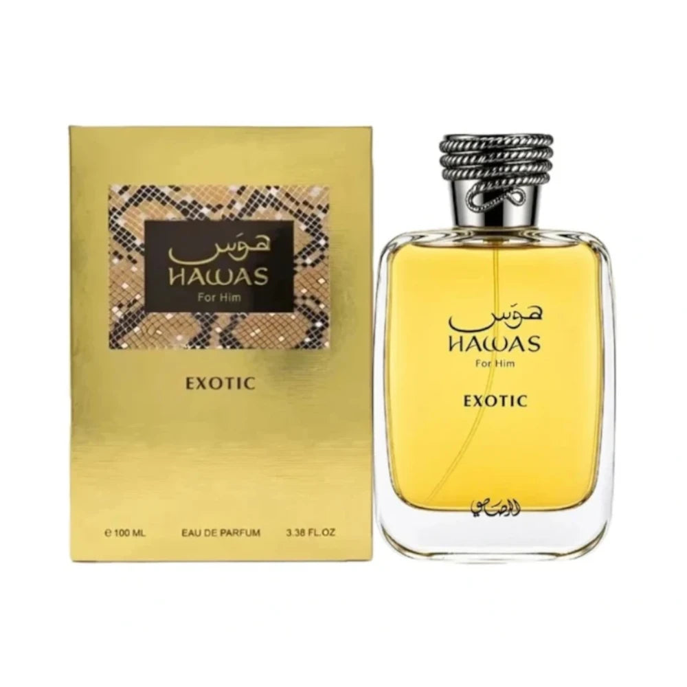 Hawas Exotic de Rasasi, fragancia ambarada floral con coco, lavanda, iris, canela y benjuí.