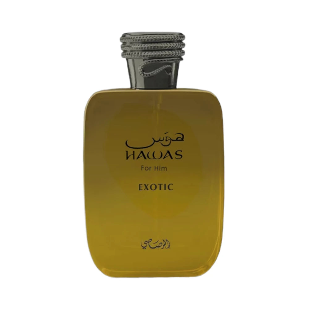 Hawas Exotic de Rasasi, fragancia ambarada floral con coco, lavanda, iris, canela y benjuí.