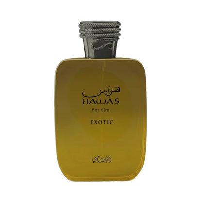 Hawas Exotic de Rasasi, fragancia ambarada floral con coco, lavanda, iris, canela y benjuí.
