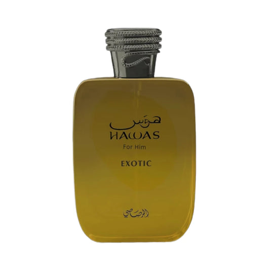 Hawas Exotic de Rasasi, fragancia ambarada floral con coco, lavanda, iris, canela y benjuí.