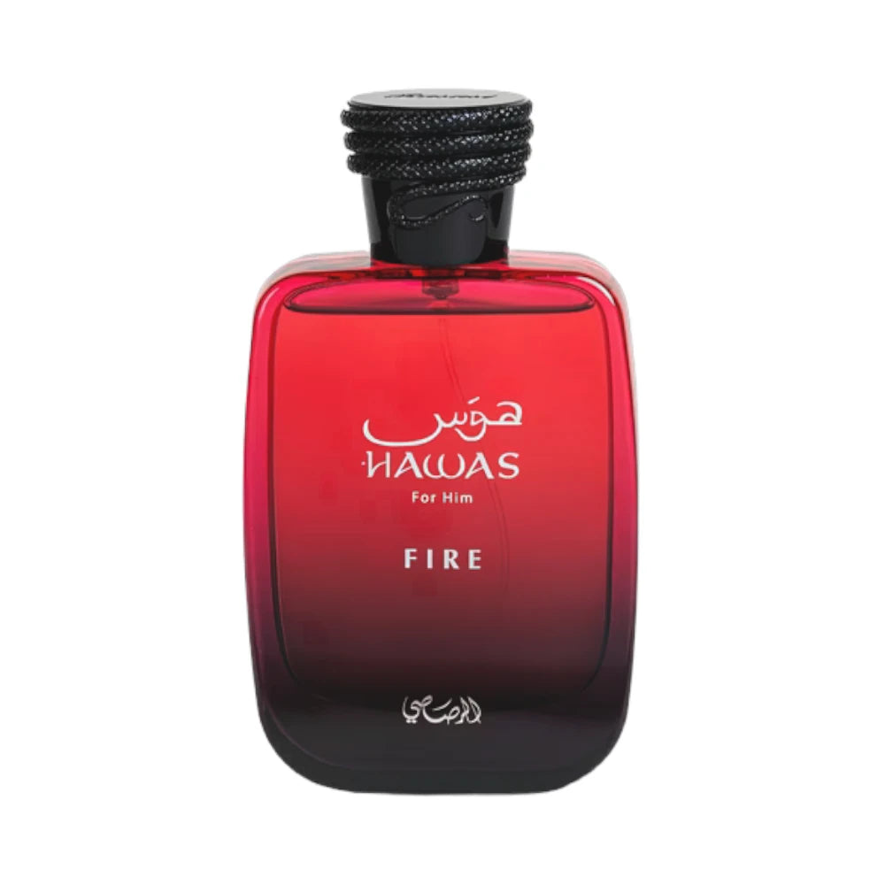 Hawas Fire For Him de Rasasi, fragancia aromática acuática con salvia, jazmín y ámbar gris.