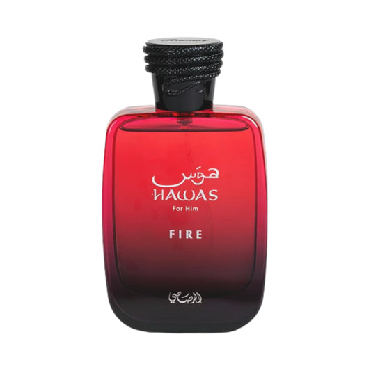 Hawas Fire For Him de Rasasi, fragancia aromática acuática con salvia, jazmín y ámbar gris.