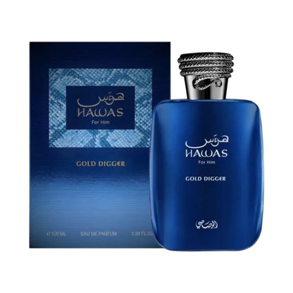 Hawas Gold Digger de Rasasi, fragancia amaderada aromática con pera, canela, vainilla y cedro.